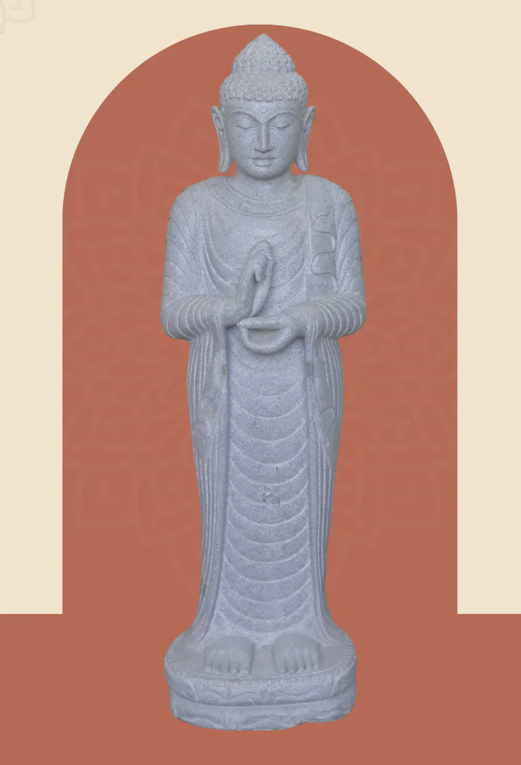  Product image 1 of the product “Standing Buddha made of Riverstone in Dharmachakra position - gesture of wheel of the teaching of Dharma. About 122cm height. ”
